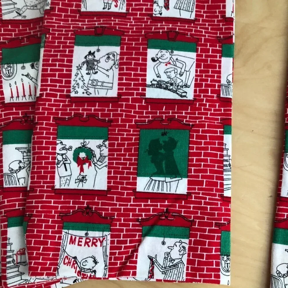 Vintage MCM Christmas Holiday Red White Cartoon Linen Dinner Napkins - Set of 8